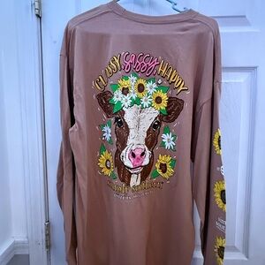 Simply Southern Women’s Tan Long Sleeve Shirt with Cow and Sunflowers